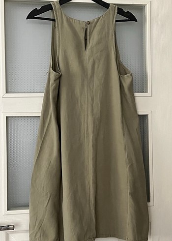 Bej Kolsuz Midi Keten Elbise - Görsel 3