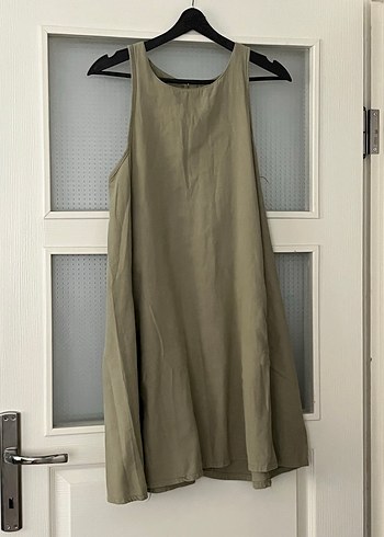 Bej Kolsuz Midi Keten Elbise - Görsel 2