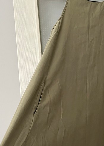 Bej Kolsuz Midi Keten Elbise - Görsel 4