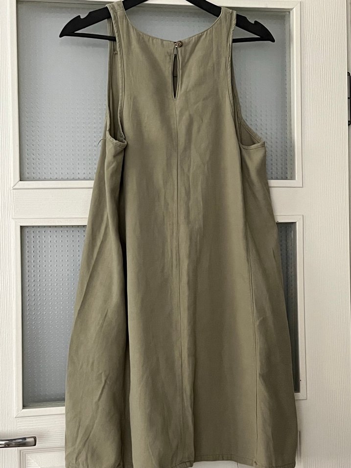 Bej Kolsuz Midi Keten Elbise - Görsel 3