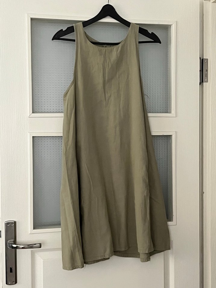 Bej Kolsuz Midi Keten Elbise - Görsel 2