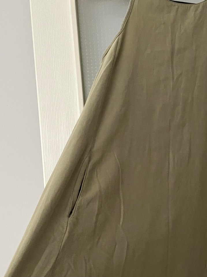 Bej Kolsuz Midi Keten Elbise - Görsel 4