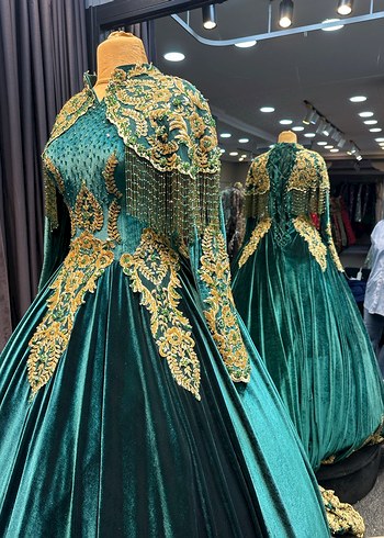 Uzun Turkuaz Nakışlı Kadın Kına Elbisesi - Görsel 3