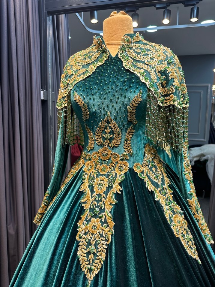 Uzun Turkuaz Nakışlı Kadın Kına Elbisesi - Görsel 2