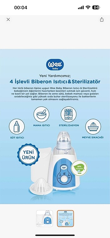 Beden beyaz Renk Wee Baby 4 işlevli biberon ısıtıcı ve sterilizatör