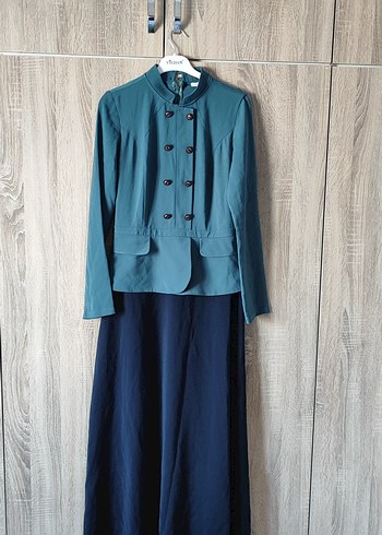 Düğmeli Koyu Mavi Uzun Keten Elbise - Görsel 2