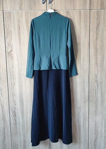 Düğmeli Koyu Mavi Uzun Keten Elbise - Görsel 5