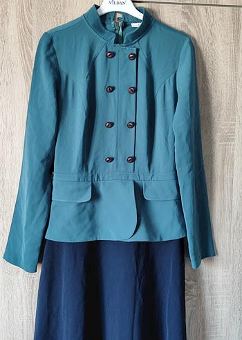 Düğmeli Koyu Mavi Uzun Keten Elbise - Görsel 4