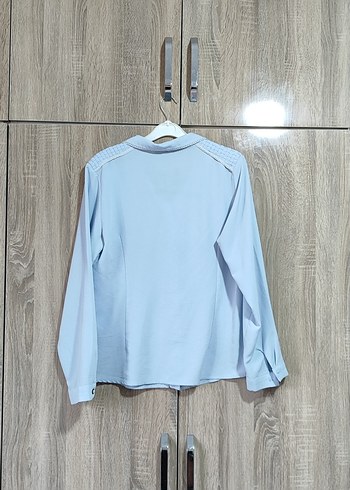 Mavi Keten Düğmeli Kadın Gömlek - Görsel 3