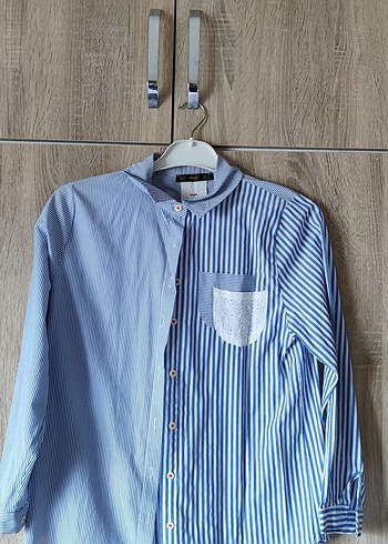 Mavi Pamuklu Düğmeli Uzun Kollu Kadın Gömlek - Görsel 2