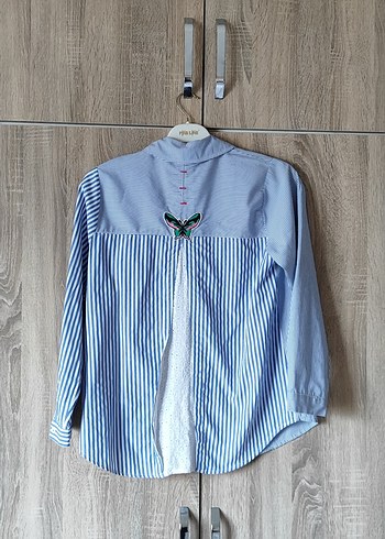 Mavi Pamuklu Düğmeli Uzun Kollu Kadın Gömlek - Görsel 4