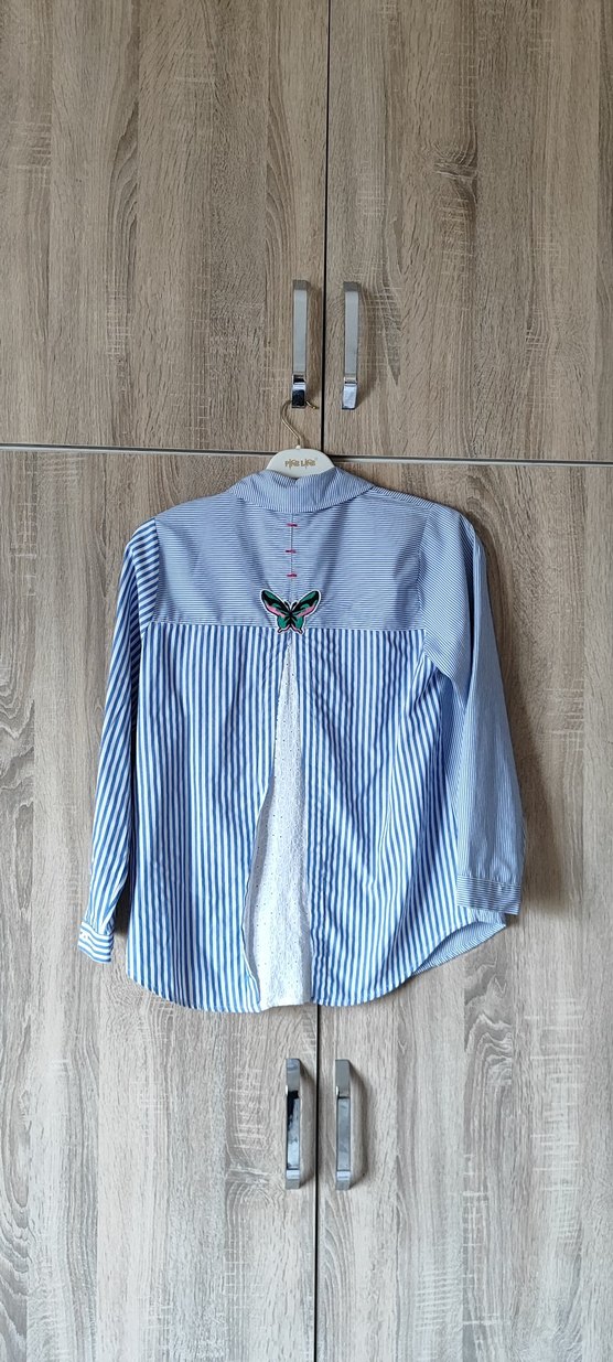 Mavi Pamuklu Düğmeli Uzun Kollu Kadın Gömlek - Görsel 4