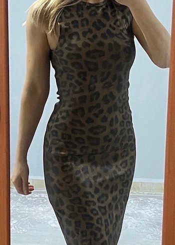 Kahverengi Leopar Desenli Midi Elbise - Görsel 3