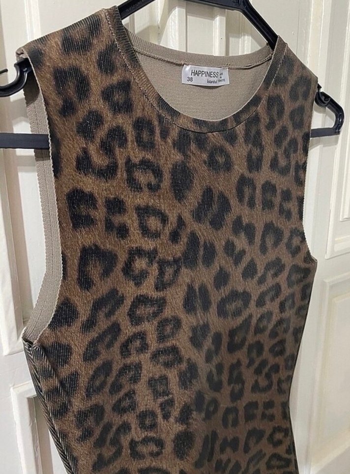 Kahverengi Leopar Desenli Midi Elbise - Görsel 5