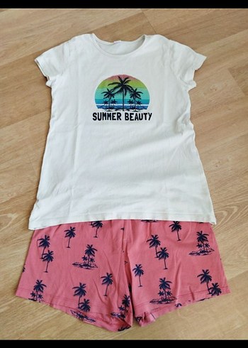 Pembe Desenli Kısa Kollu kız çocuk şortlu takım 11-12 yaş - Görsel 2