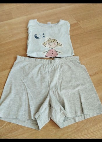 Kız Çocuk Gri Pamuklu Kısa Kollu Pijama - Görsel 2