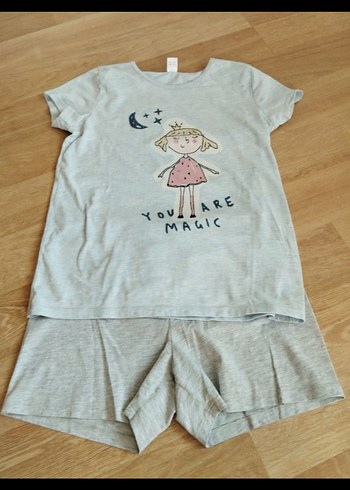 Kız Çocuk Gri Pamuklu Kısa Kollu Pijama - Görsel 3