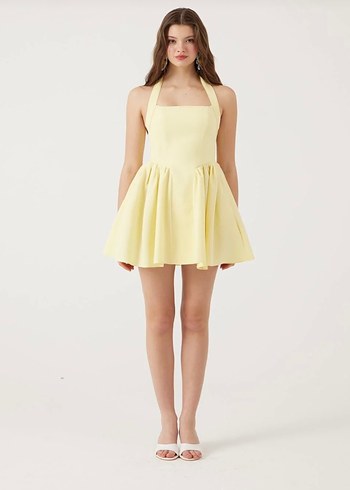 Sarı Mini Pliseli Straplez Elbise - Görsel 3
