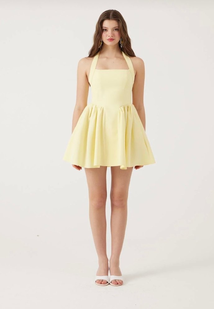 Sarı Mini Pliseli Straplez Elbise - Görsel 3