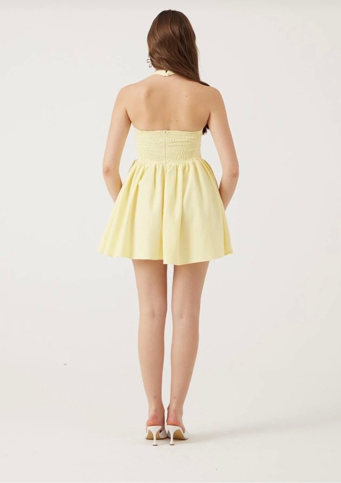 Sarı Mini Pliseli Straplez Elbise - Görsel 2