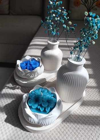 Beyaz Seramik Vazo ve Gül Şeklinde Mum Seti 3 parça - Görsel 10