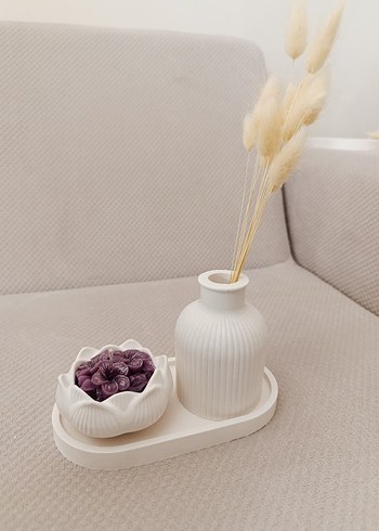 Beyaz Seramik Vazo ve Gül Şeklinde Mum Seti 3 parça - Görsel 7