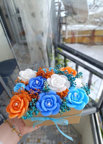 Renkli Mavi Güllü Dekoratif Mum - Görsel 11