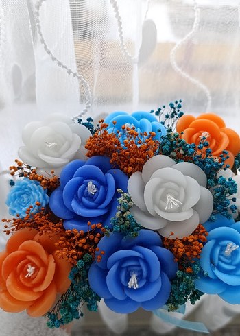 Renkli Mavi Güllü Dekoratif Mum - Görsel 5