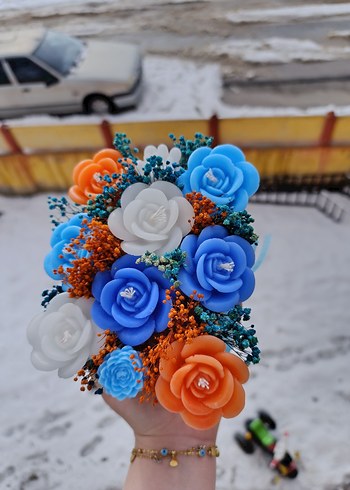 Renkli Mavi Güllü Dekoratif Mum - Görsel 10