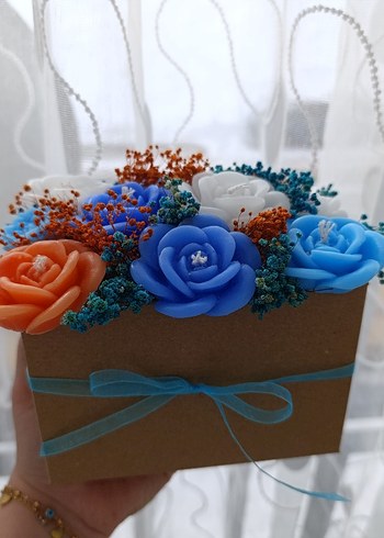 Renkli Mavi Güllü Dekoratif Mum - Görsel 6