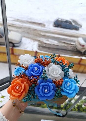 Renkli Mavi Güllü Dekoratif Mum - Görsel 13