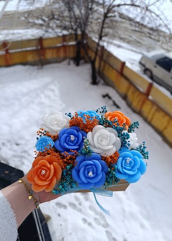 Renkli Mavi Güllü Dekoratif Mum - Görsel 7