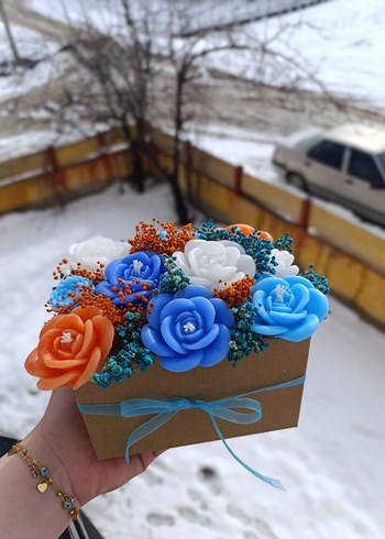 Renkli Mavi Güllü Dekoratif Mum - Görsel 8