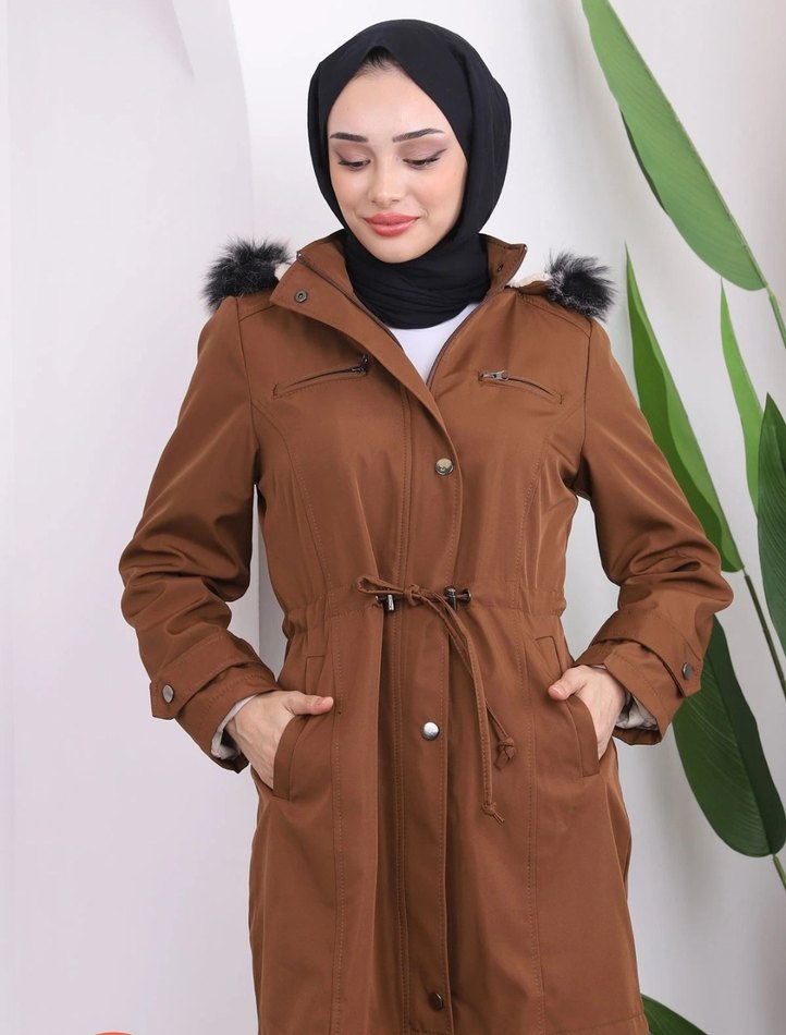 Kahverengi Kürklü Uzun Kadın Kaban - Görsel 2