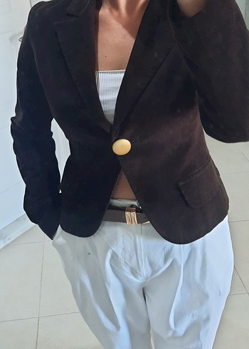 Düğmeli Kahverengi Kadife Kadın Blazer