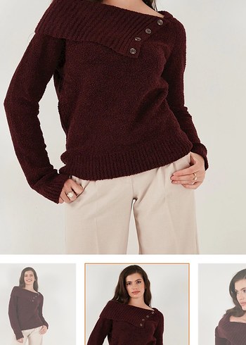 Düğmeli bordo Uzun Kollu Kazak M beden - Görsel 5