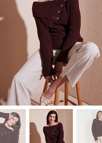 Düğmeli bordo Uzun Kollu Kazak M beden - Görsel 2