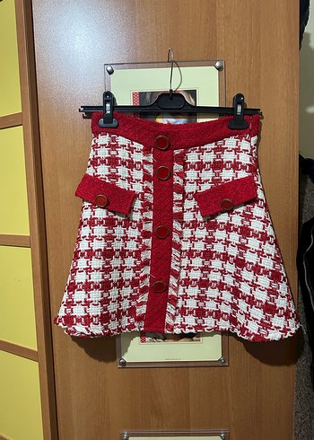 Düğmeli Kırmızı #Ekose #Mini #Etek Perry #M beden - Görsel 2