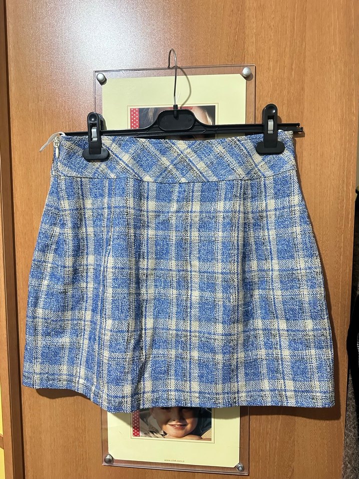 Mavi Ekoseli #Pilili #Mini #Etek adilışık M beden - Görsel 3