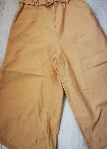 9 Yaş Beden kız çocuk Bej Keten Kemerli Midi Pantolon
