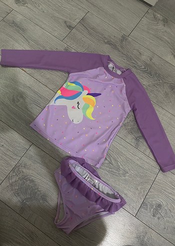 Mor Unicorn Baskılı Kız Çocuk Mayo Takımı