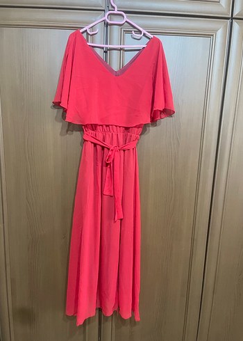 Kırmızı V Yaka Uzun Salaş Kadın Elbise - Görsel 3