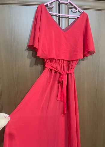 Kırmızı V Yaka Uzun Salaş Kadın Elbise - Görsel 2