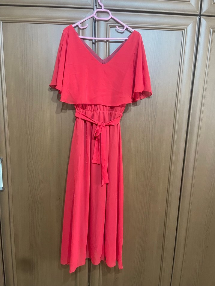 Kırmızı V Yaka Uzun Salaş Kadın Elbise - Görsel 3