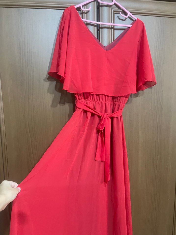 Kırmızı V Yaka Uzun Salaş Kadın Elbise - Görsel 2