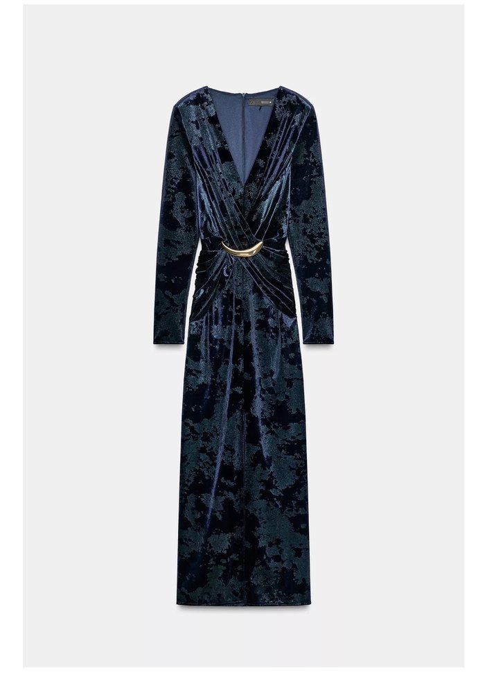 Zara Kemerli Lacivert Uzun Kadın Elbise - Görsel 2