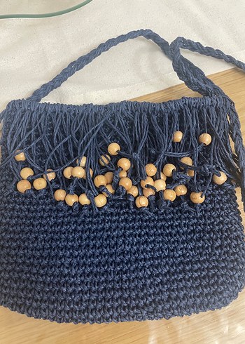 Zara Püsküllü Mavi Örgü Bohem Kadın Çanta