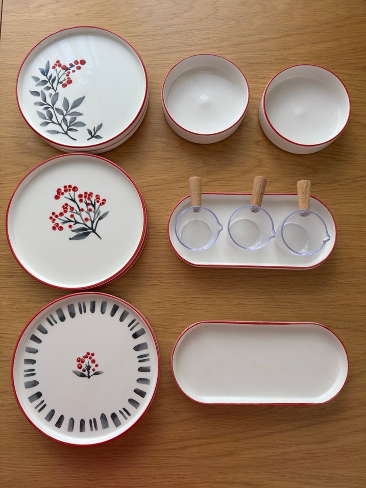 Çiçek Desenli Beyaz ve Gri Tabak Seti - Görsel 3