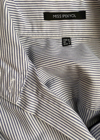 Beyaz ütü mavi  Çizgili Kadın Pamuk Gömlek - Görsel 3