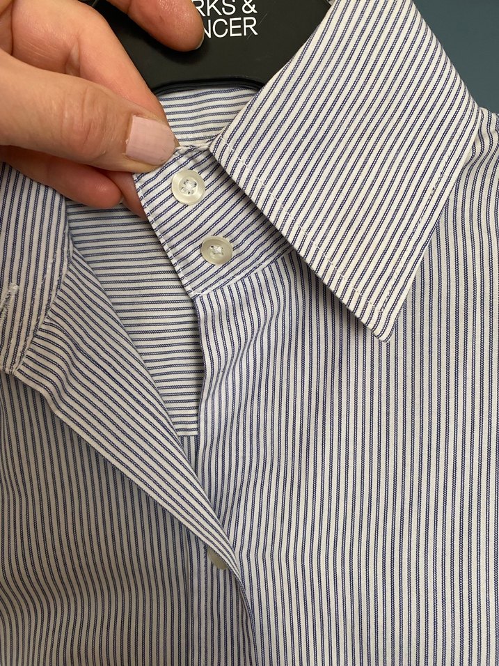 Beyaz ütü mavi  Çizgili Kadın Pamuk Gömlek - Görsel 2